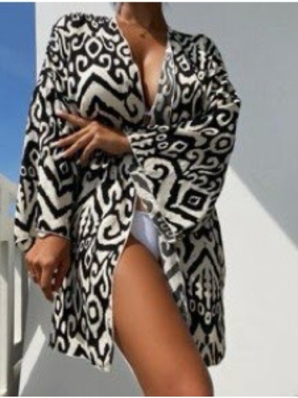 Black & White Geometric Swim Cover-Up Kimono